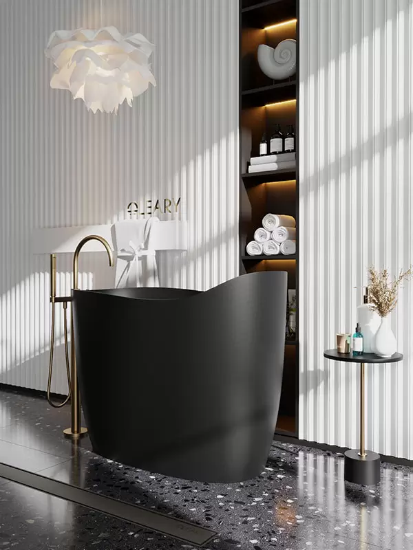 Deep soaking bathtub matte black front side view