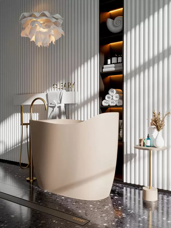 Deep soaking bathtub latte beige side view