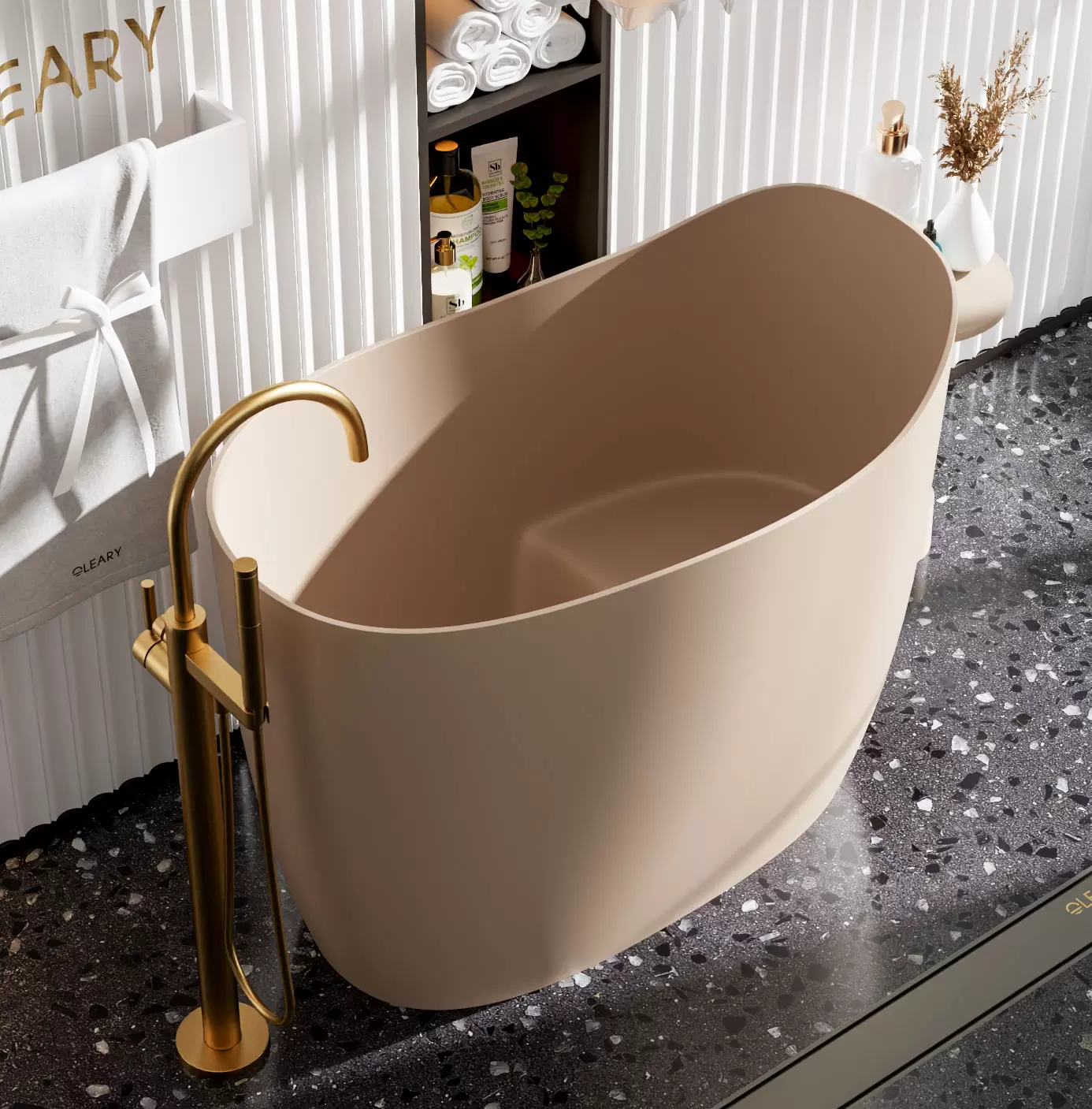 Deep soaking bathtub matte camel front side view