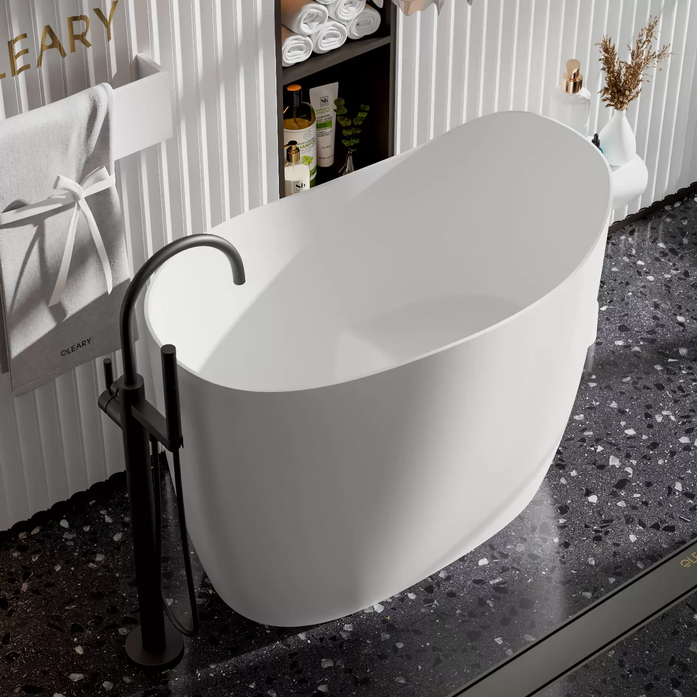 Deep soaking bathtub white side top view