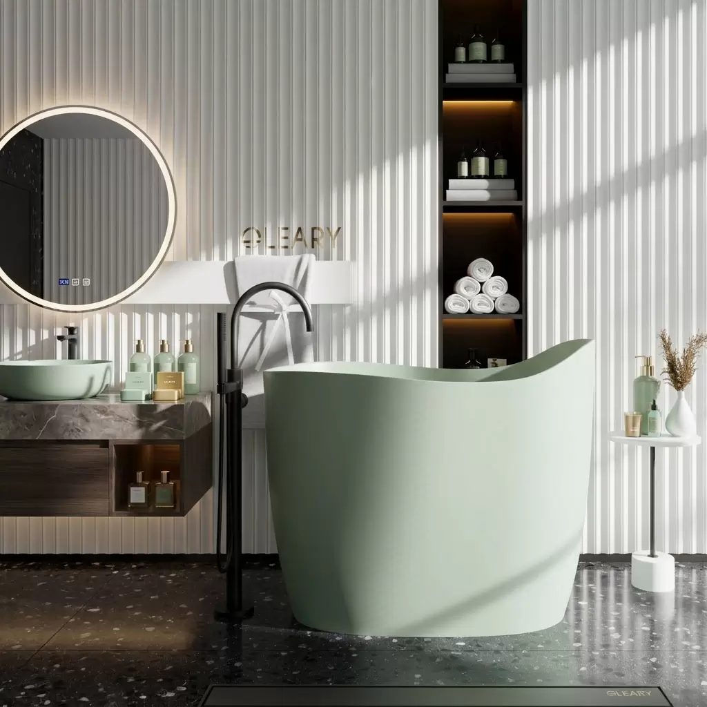 Deep soaking bathtub sage green full side view