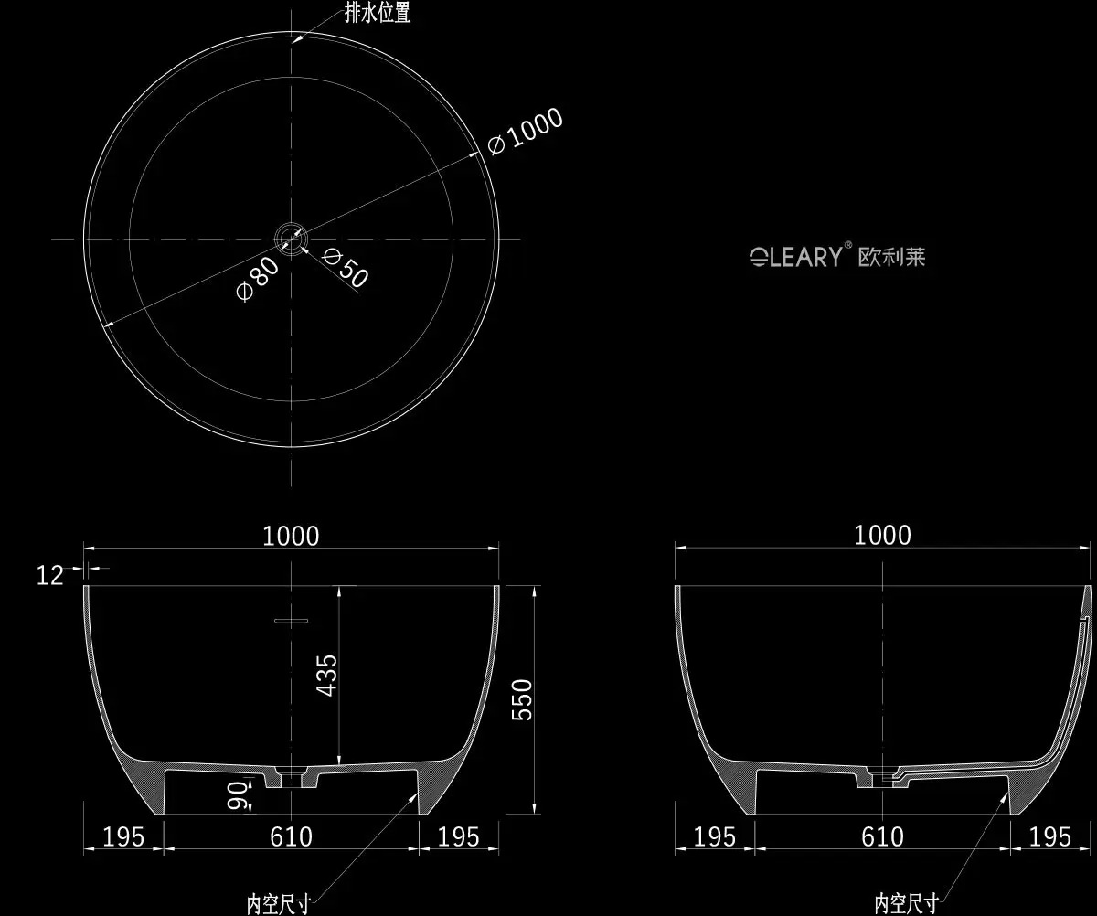 OLEARY FHC10009 round bathtub technical dimension drawing - Ø1000mm