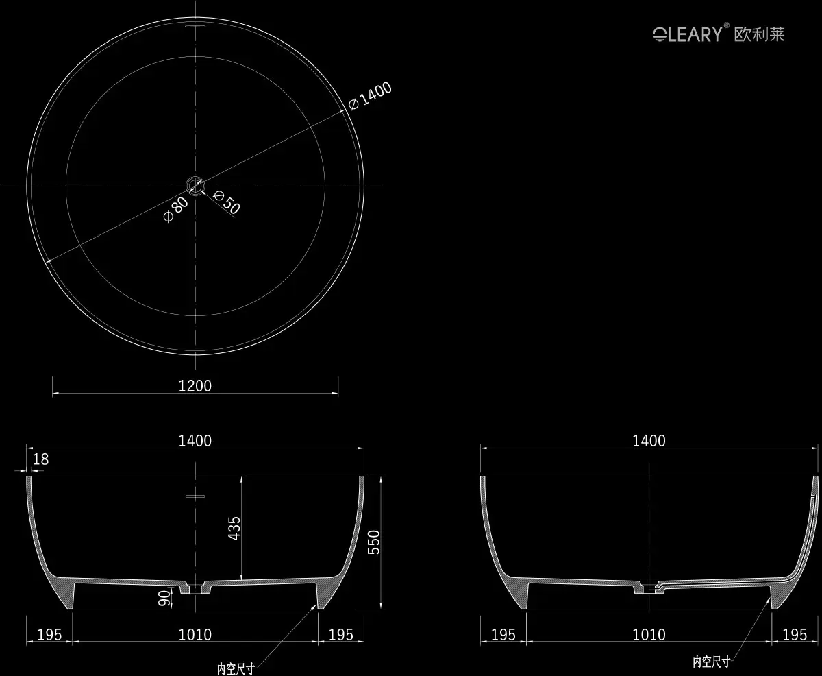 OLEARY FHC10009 round bathtub technical dimension drawing - Ø1400mm