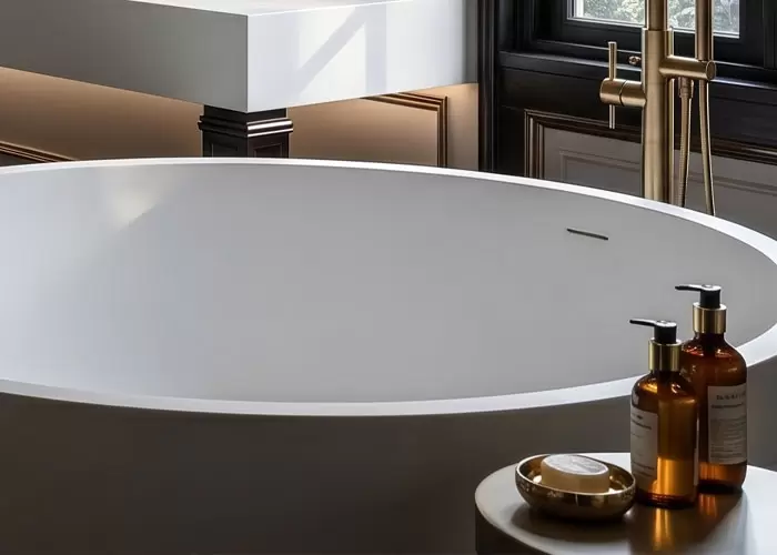 Close-up of OLEARY solid surface bathtub rim detail showing seamless narrow-edge pure white round freestanding tub craftsmanship