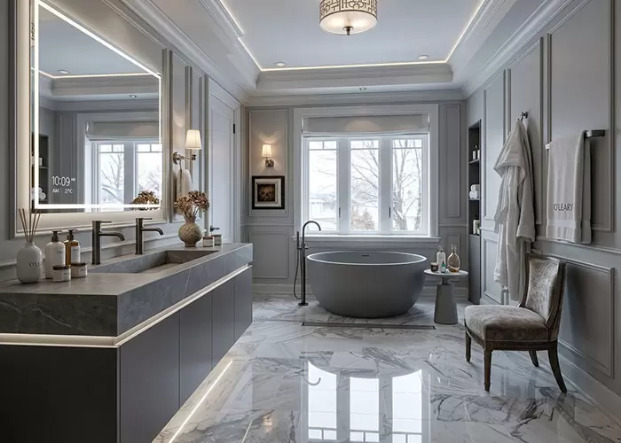 Classic French-inspired light-luxury bathroom design featuring a premium matte grey solid surface round freestanding bathtub for elegant hotel guest rooms