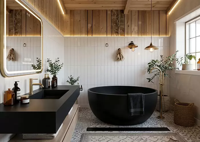 Wabi-sabi inspired natural wood bathroom design with a custom matte black solid surface round deep soaking bathtub creating a tranquil high-end retreat atmosphere