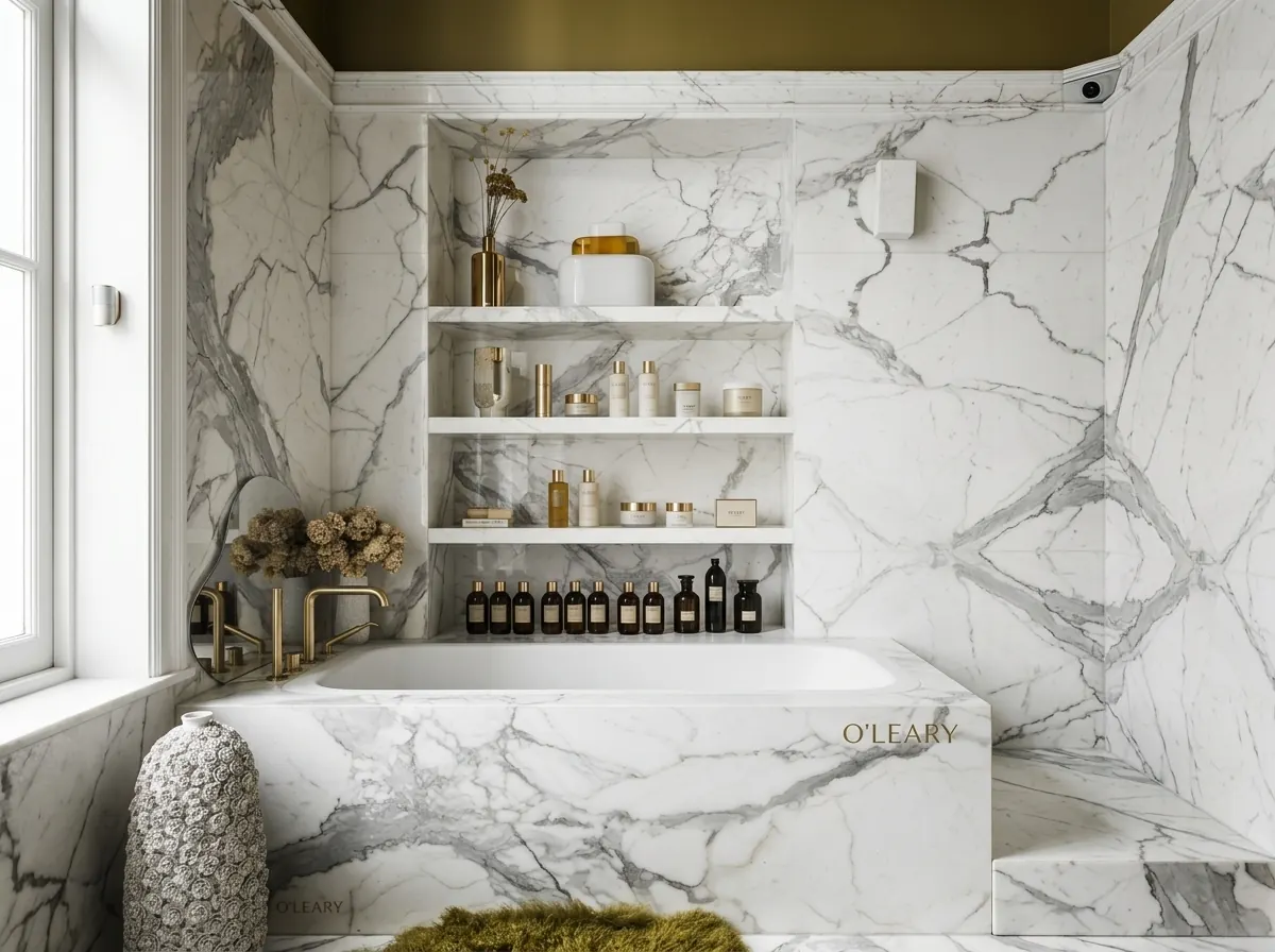 Marble-surround built-in bathtub with matching wall cladding, built-in shelving, and brass fittings in a luxury bathroom.