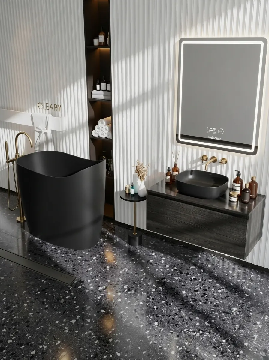 Compact matte black freestanding tub beside a floating vanity with vessel basin on dark terrazzo floor — small bathroom frees