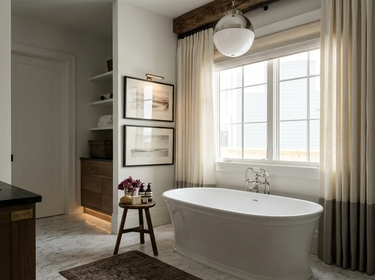 White freestanding oval bathtub beside a sunlit window in a neutral hotel bathroom with marble floors and linen drapes.