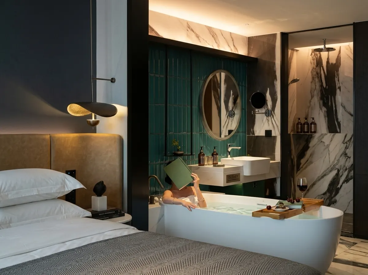 Freestanding oval bathtub in an open-plan hotel guestroom with marble walls, vessel sink, and emerald green tile accent wall.