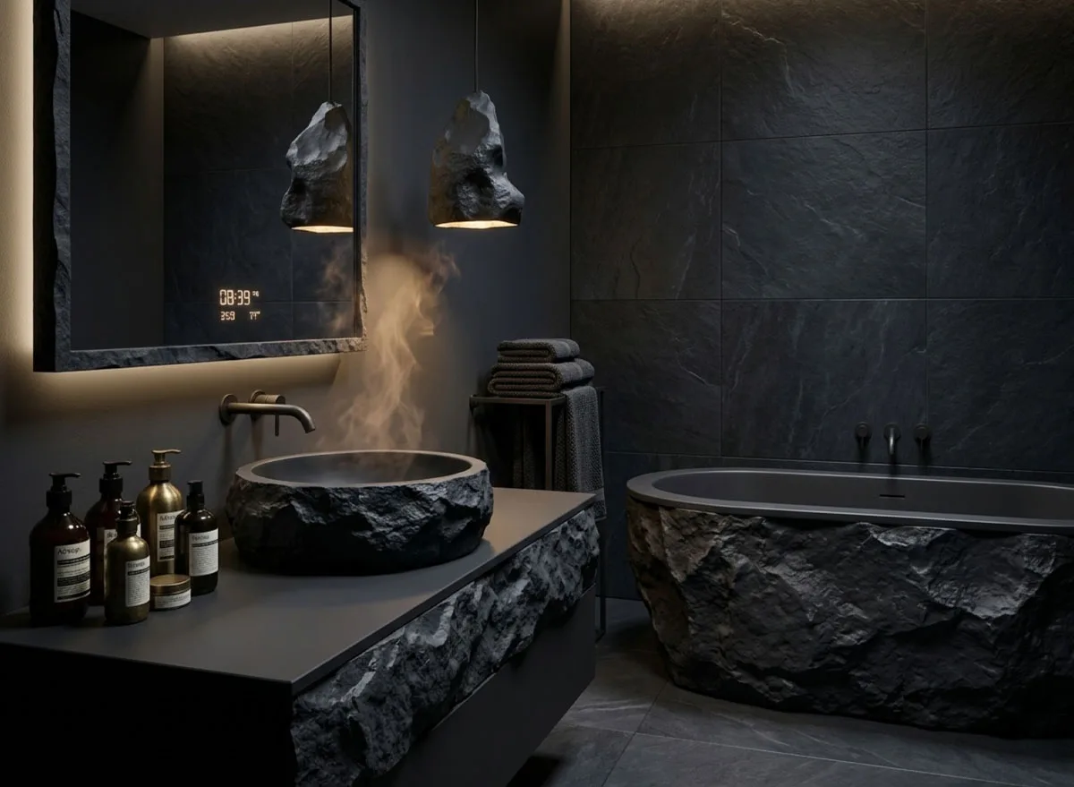OLEARY boutique-inn artistic washbasin scene — hand-cast resin basin in a Pantone custom color paired with a photo-check-in bathroom setting.
