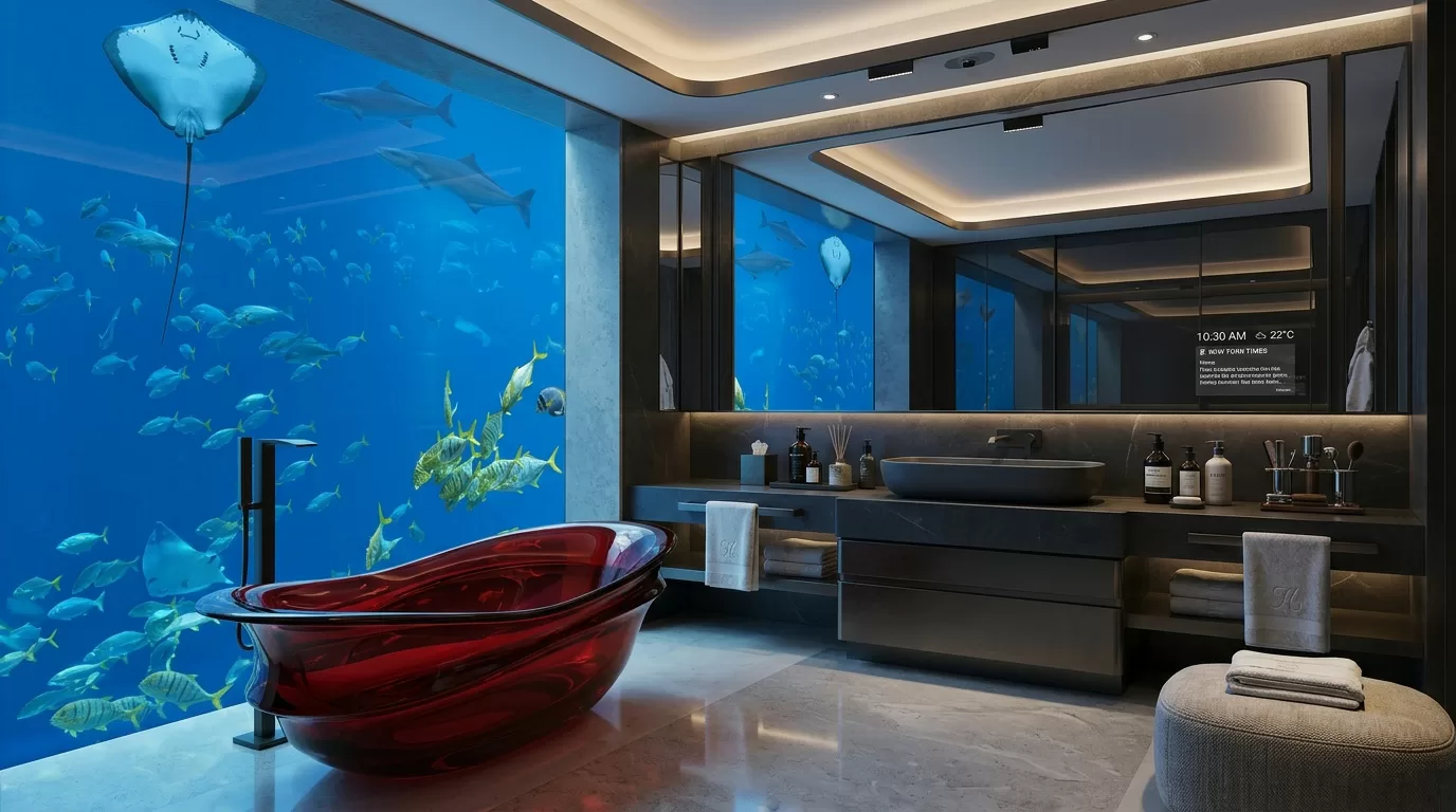 Business hotel bathroom with OLEARY red glass basin and mosaic tile feature wall.