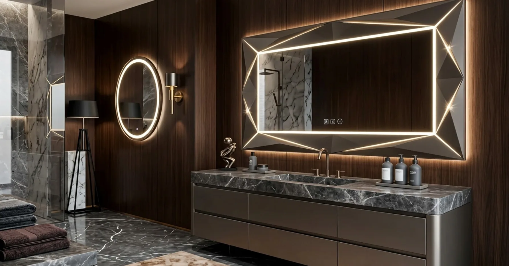 OLEARY hotel smart mirror and vanity combination customized to project dimensions and finish schedule.