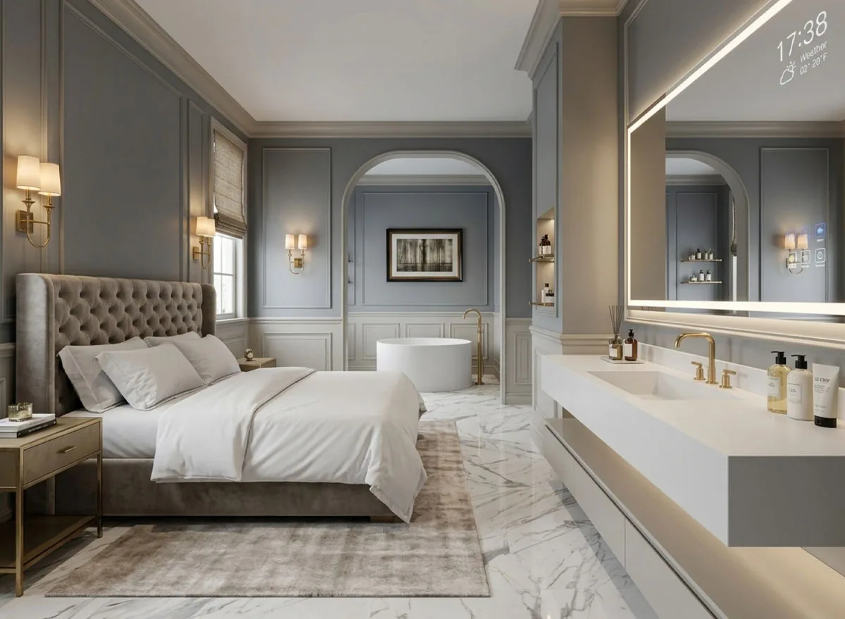 OLEARY luxury villa bathroom finishing scene — solid surface countertop basin paired with a freestanding bathtub in a master suite.