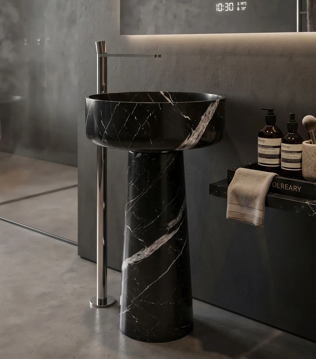 Boutique design hotel bathroom with OLEARY solid surface integrated sink in a custom matte finish.