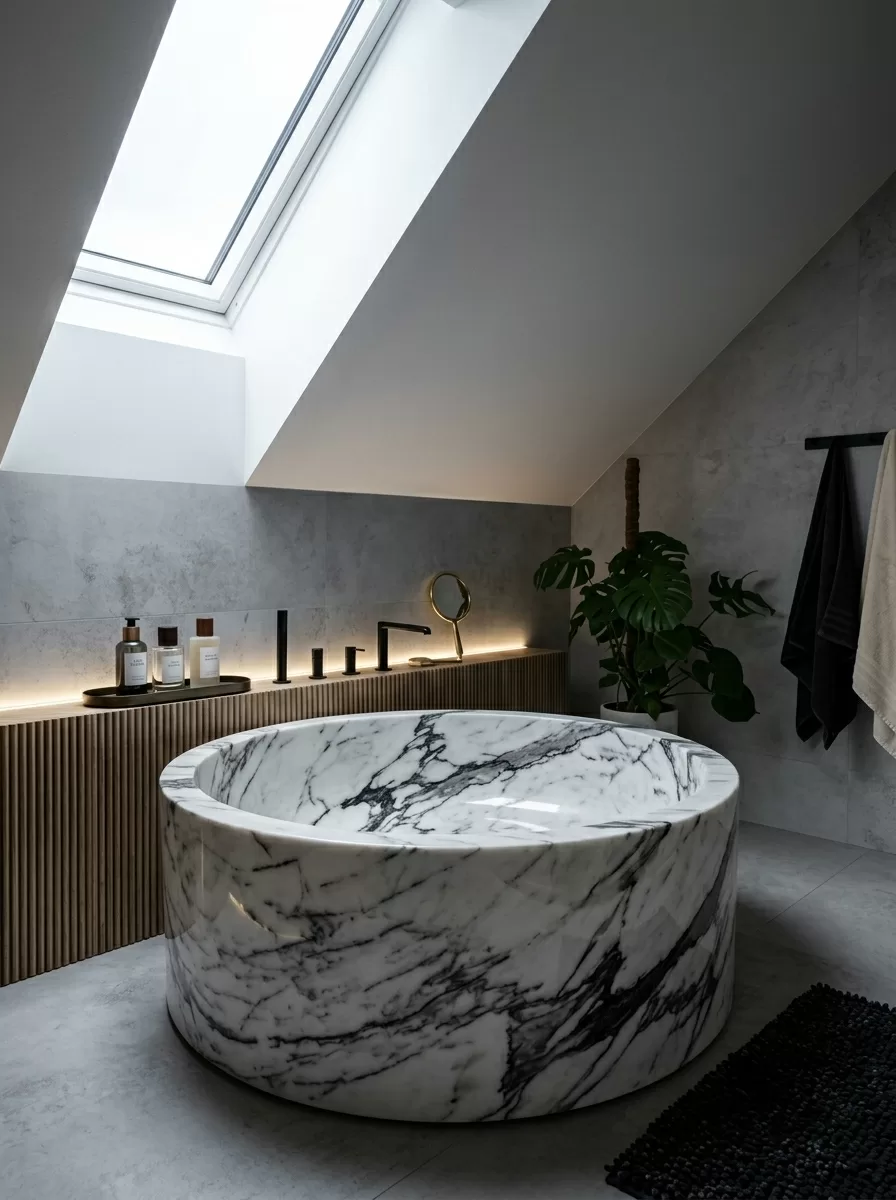 Luxury hotel bathroom with OLEARY freestanding solid surface tub and window view.