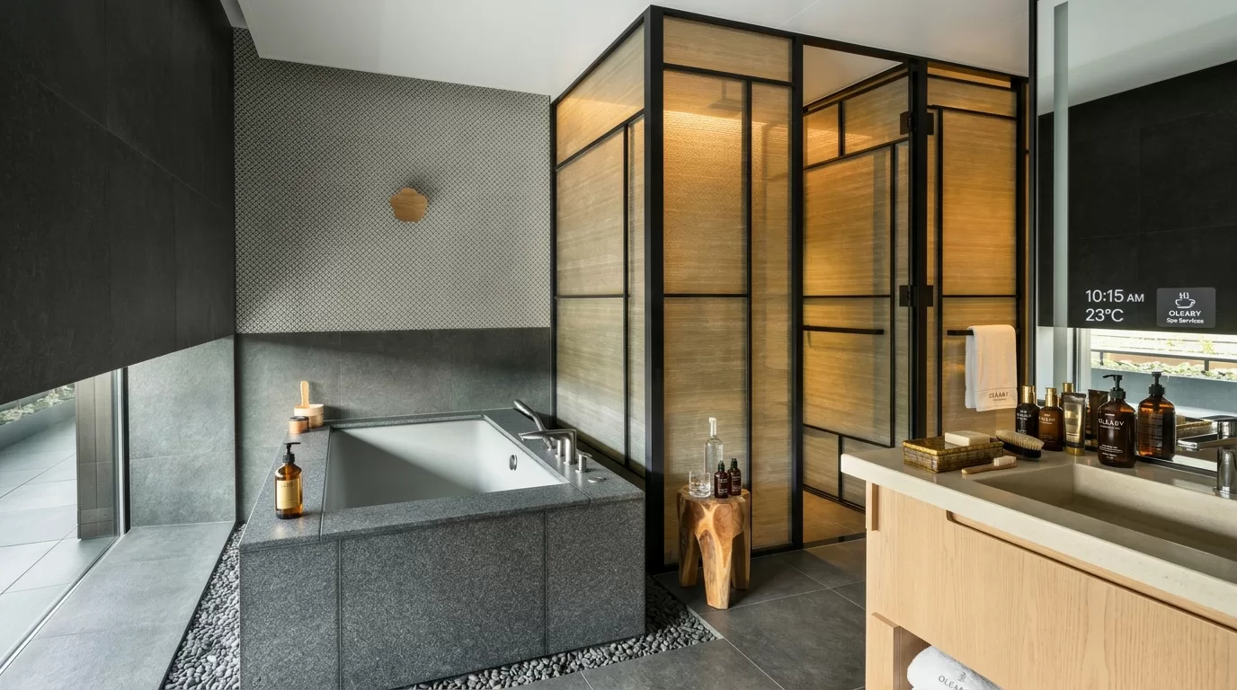 Boutique inn bathroom with OLEARY solid surface tub and double vanity in a coordinated palette.