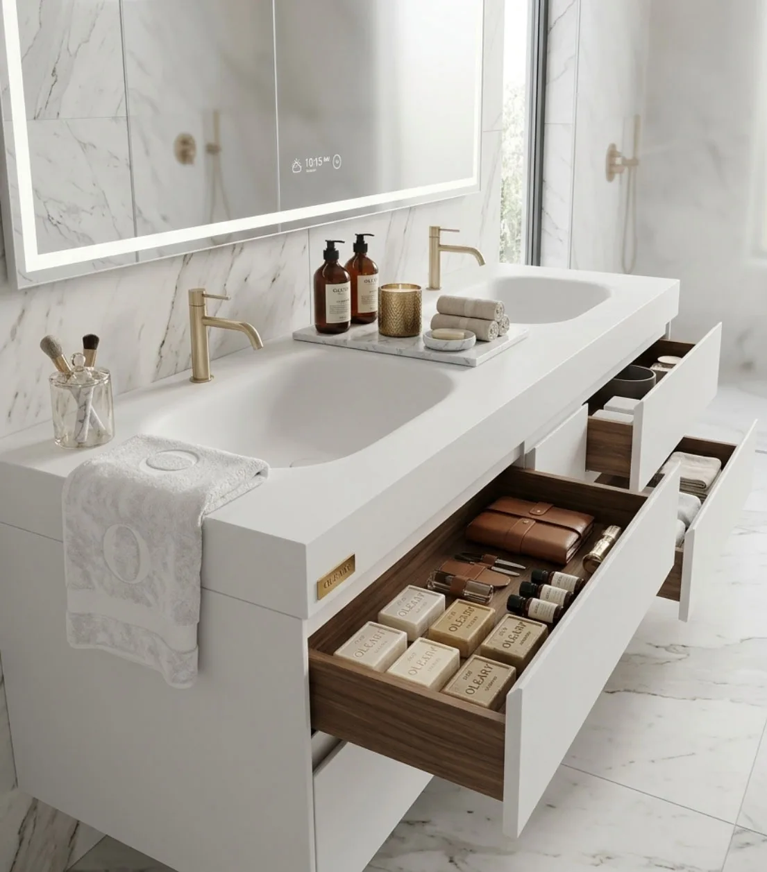 OLEARY solid surface countertop basin matched with vanity cabinetry for villa and suite programs.