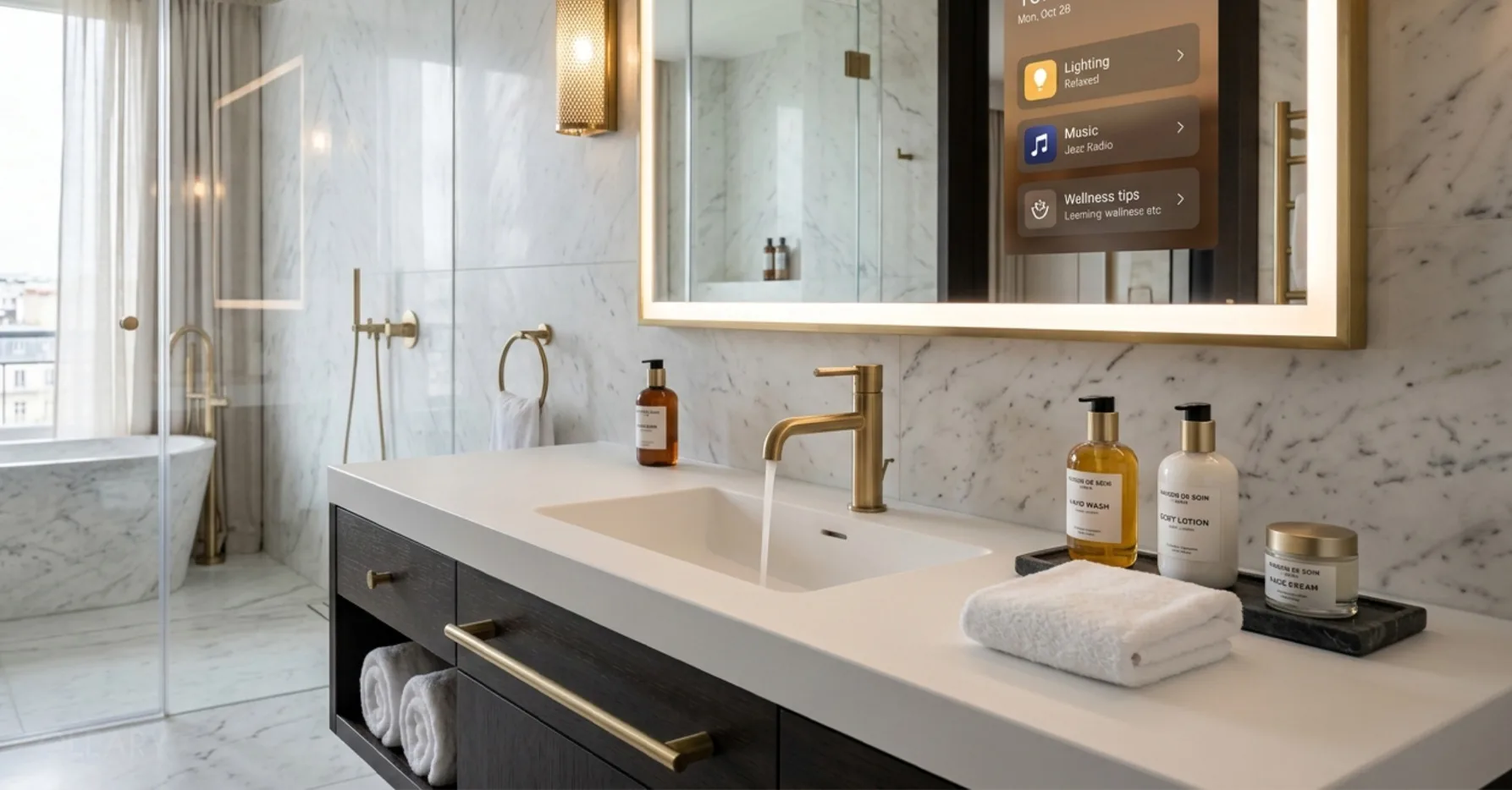Five-star hotel suite bathroom with OLEARY seamless solid surface vanity and coordinated bath fixtures.