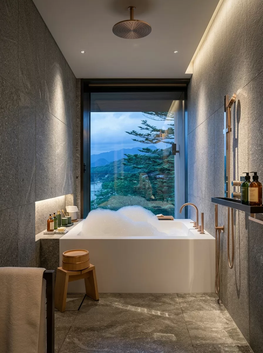 Resort hotel bathroom featuring OLEARY solid surface bathtub with gold floor-mounted faucet.
