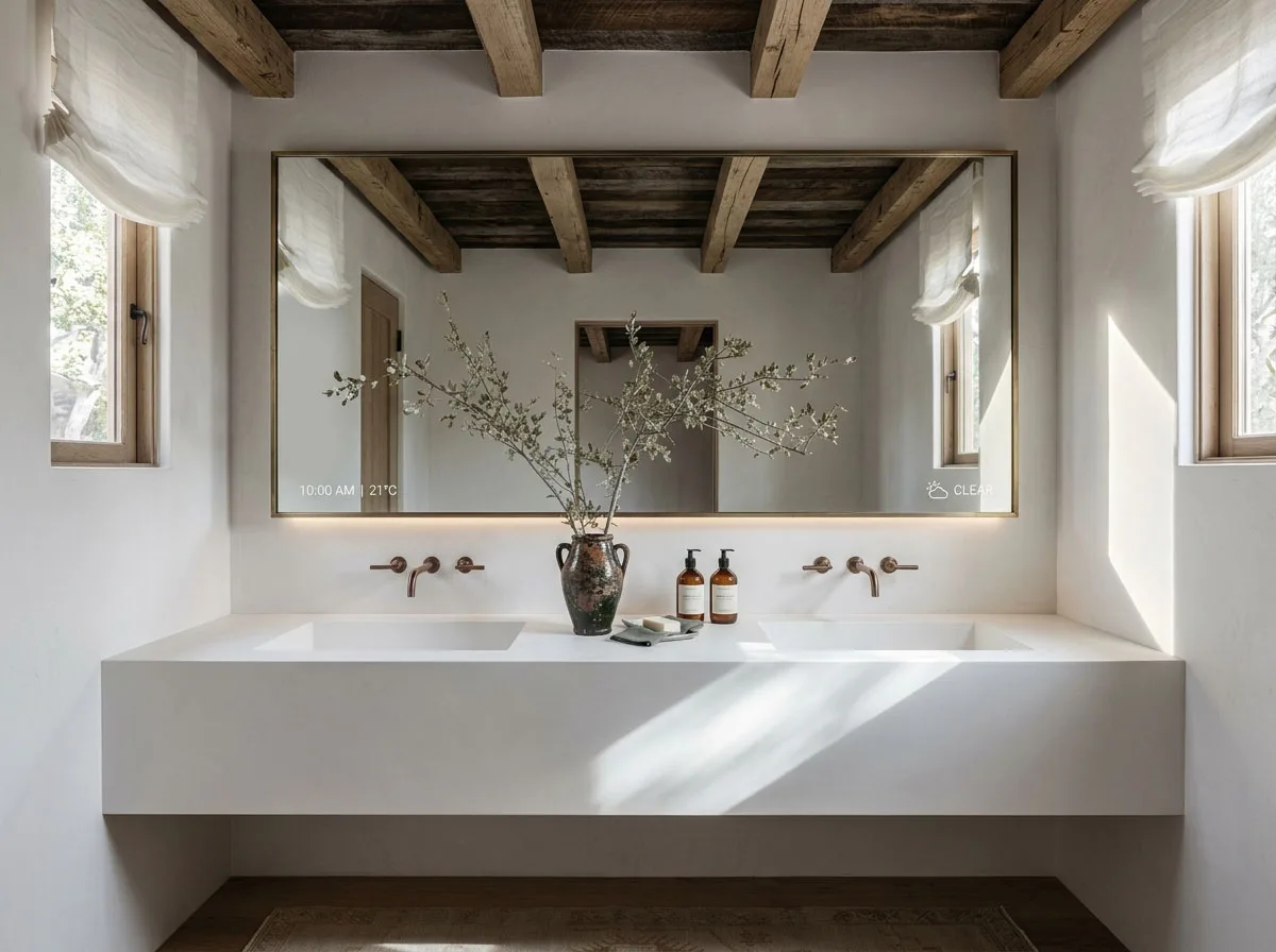 OLEARY solid surface bath stool coordinated with double vanity in a hotel suite bathroom.