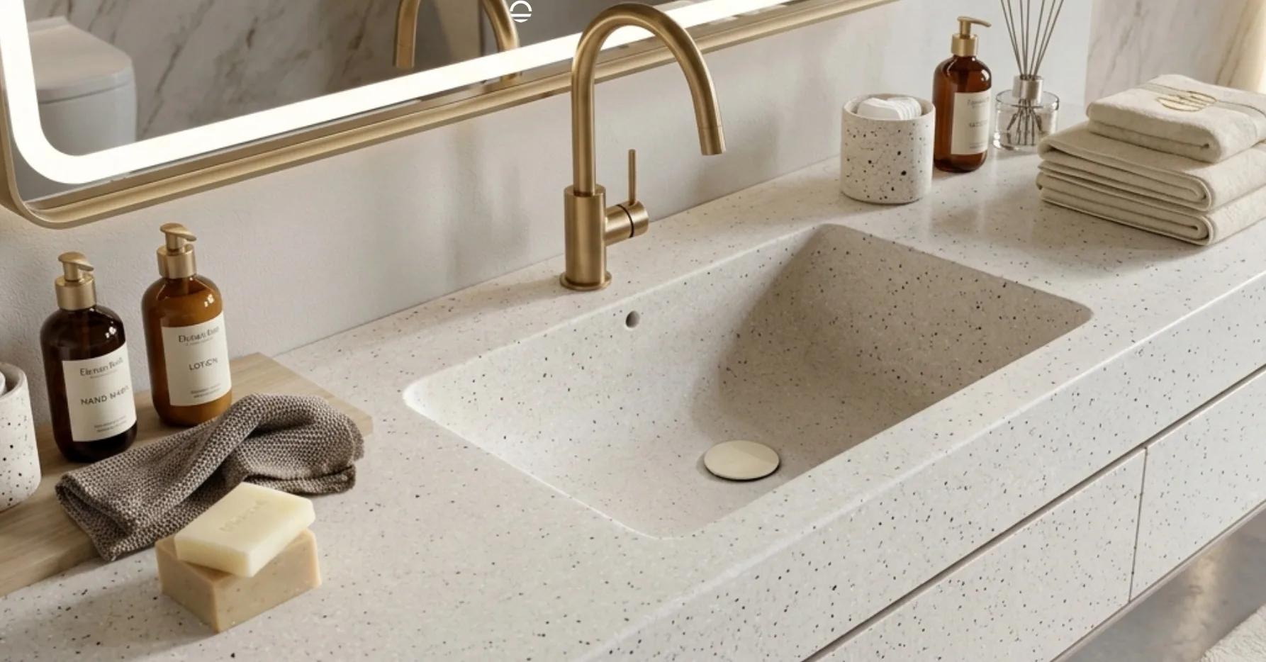 OLEARY wall-hung solid surface basin and vanity set saving floor space in compact hotel bathrooms.