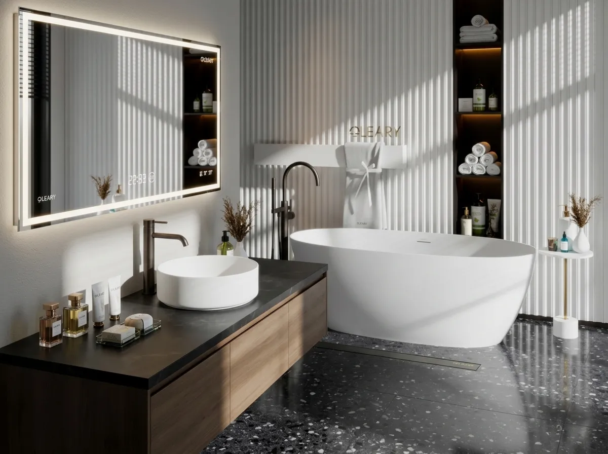 Hotel bathroom white freestanding bathtub paired with vanity, suitable for hospitality project customization