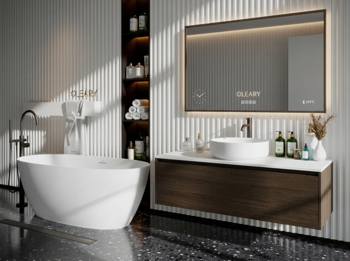 Hotel bathroom white vanity paired with white freestanding bathtub, modern minimalist bathroom space