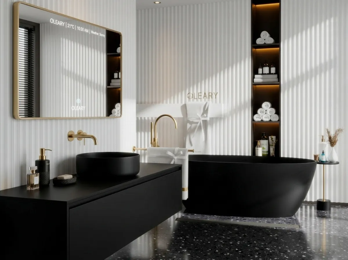 Hotel bathroom black vanity and freestanding bathtub combination, modern bathroom design