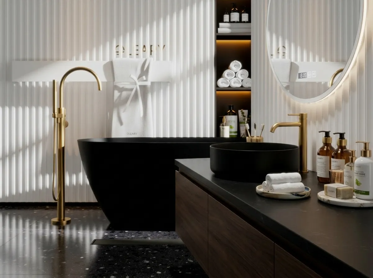 Hotel bathroom black vanity with gold faucet paired with black freestanding bathtub