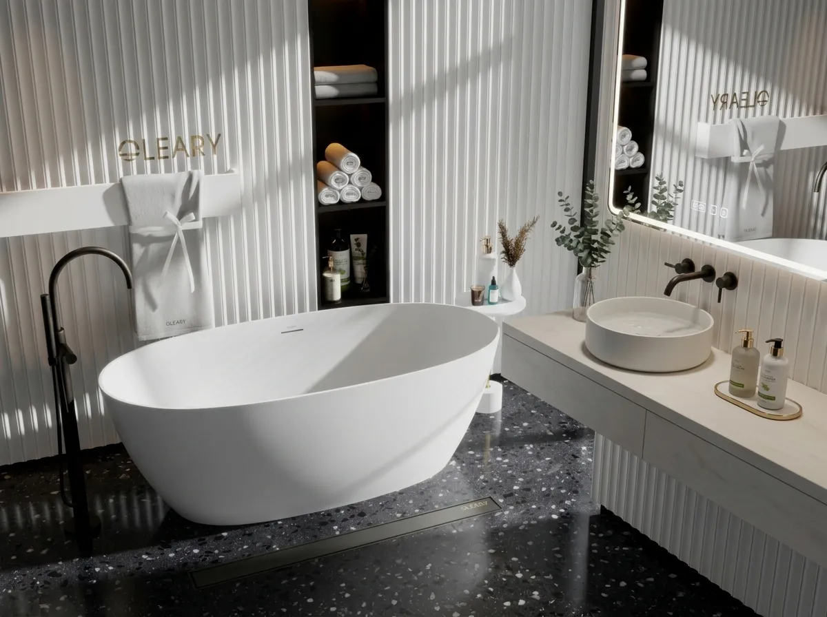 White solid surface freestanding bathtub in hotel bathroom, side-angle spatial layout