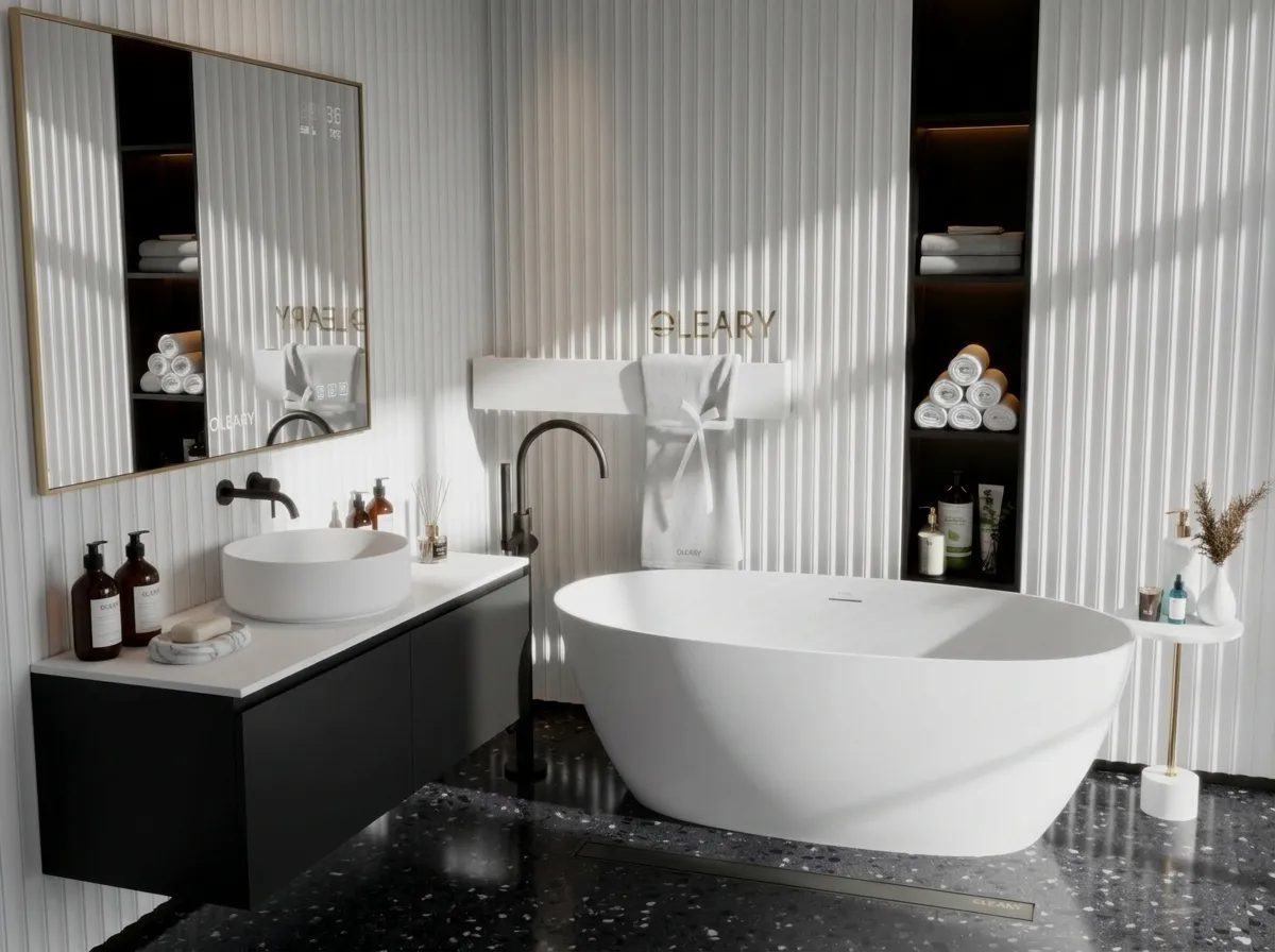 Hotel bathroom solid surface bathtub rendering, white freestanding tub paired with black vanity