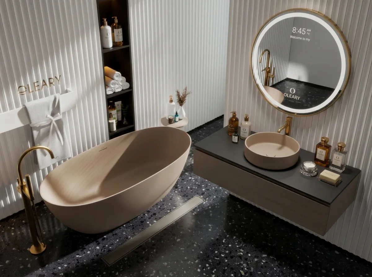 Hotel bathroom beige countertop basin rendering, paired with bathtub and round mirror design