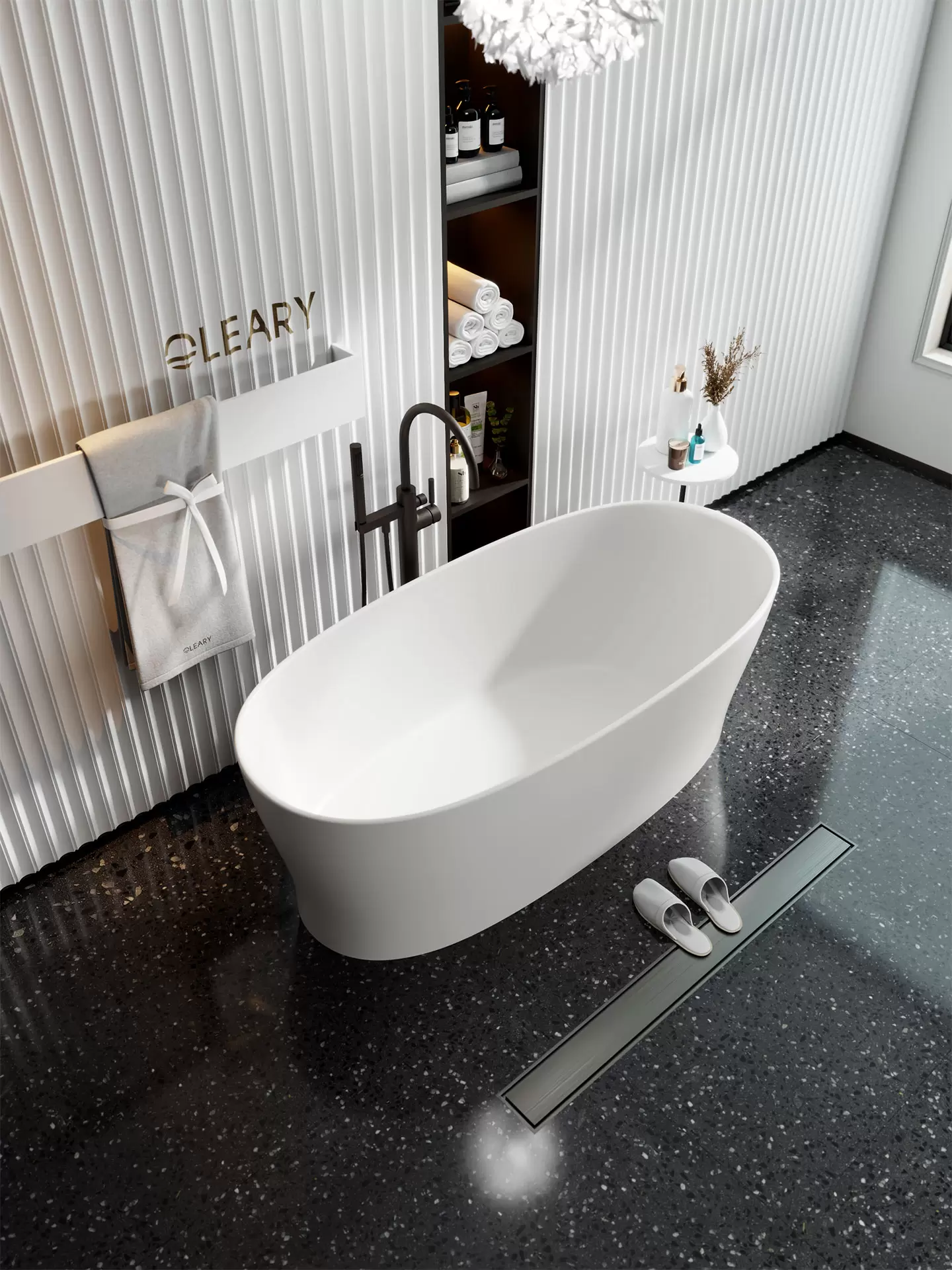 OLEARY matte white freestanding solid surface bathtub, oval shape, one-piece molded design for hotels and villas