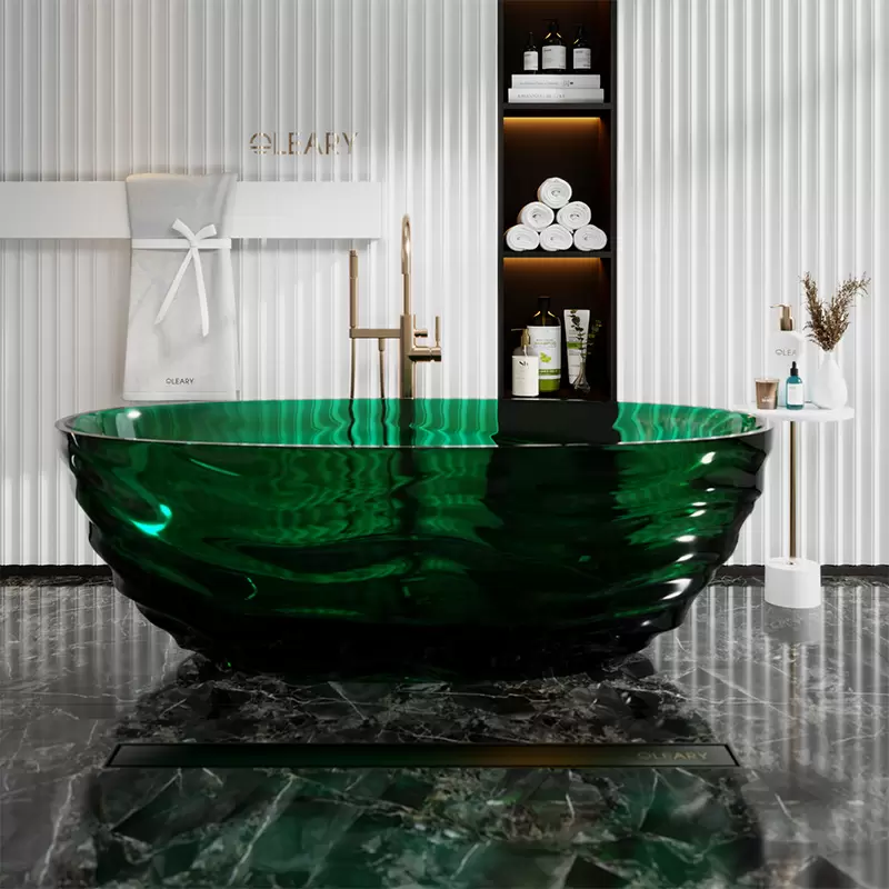 Crystal clear freestanding bathtub in modern minimalist bathroom, transparent resin tub design
