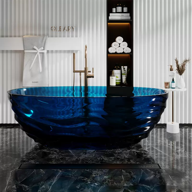 Transparent resin bathtub with LED lighting, crystal clear tub for luxury hotel bathroom design
