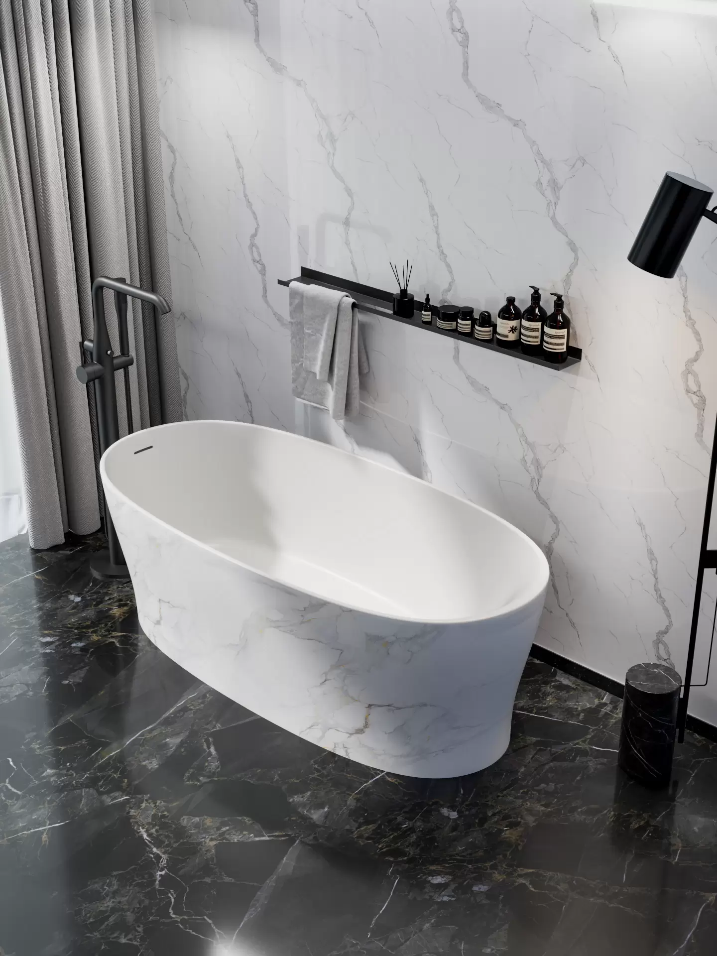 OLEARY freestanding solid surface bathtub with light faux marble exterior finish, side view