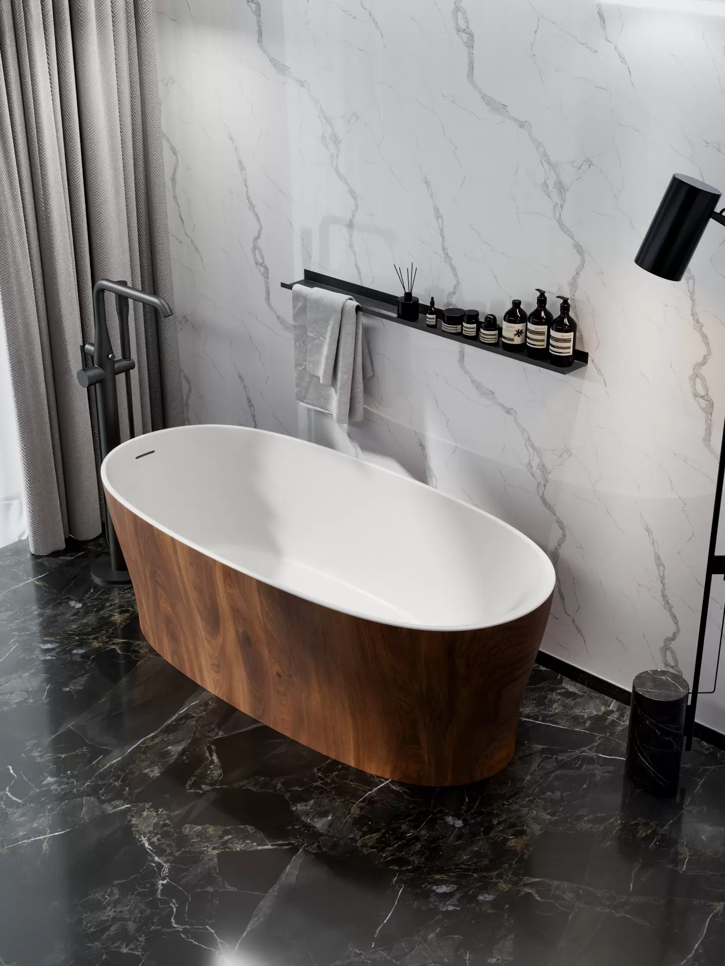 OLEARY freestanding solid surface bathtub with dark wood-grain exterior finish, front view