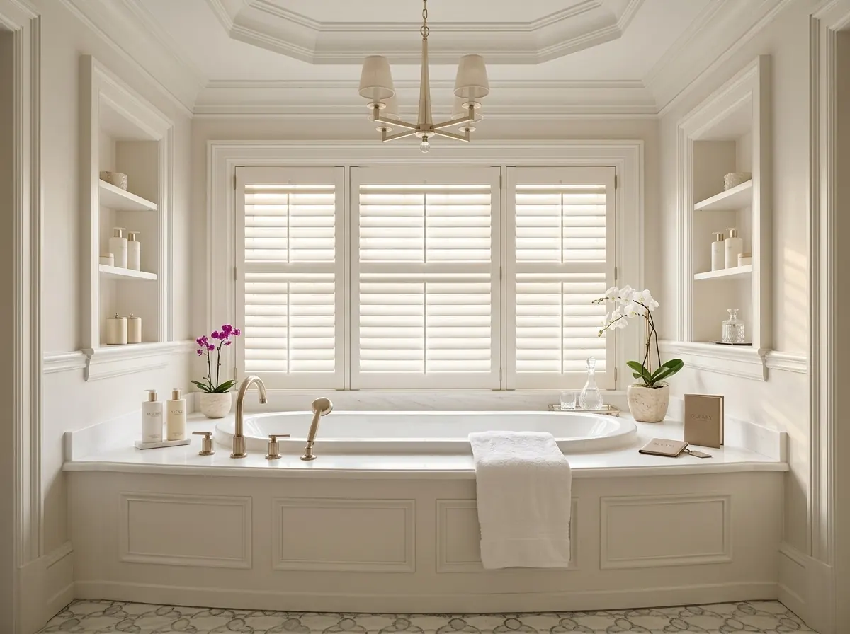 Drop-in bathtub with white surround and built-in shelving in an elegant cream bathroom with plantation shutters