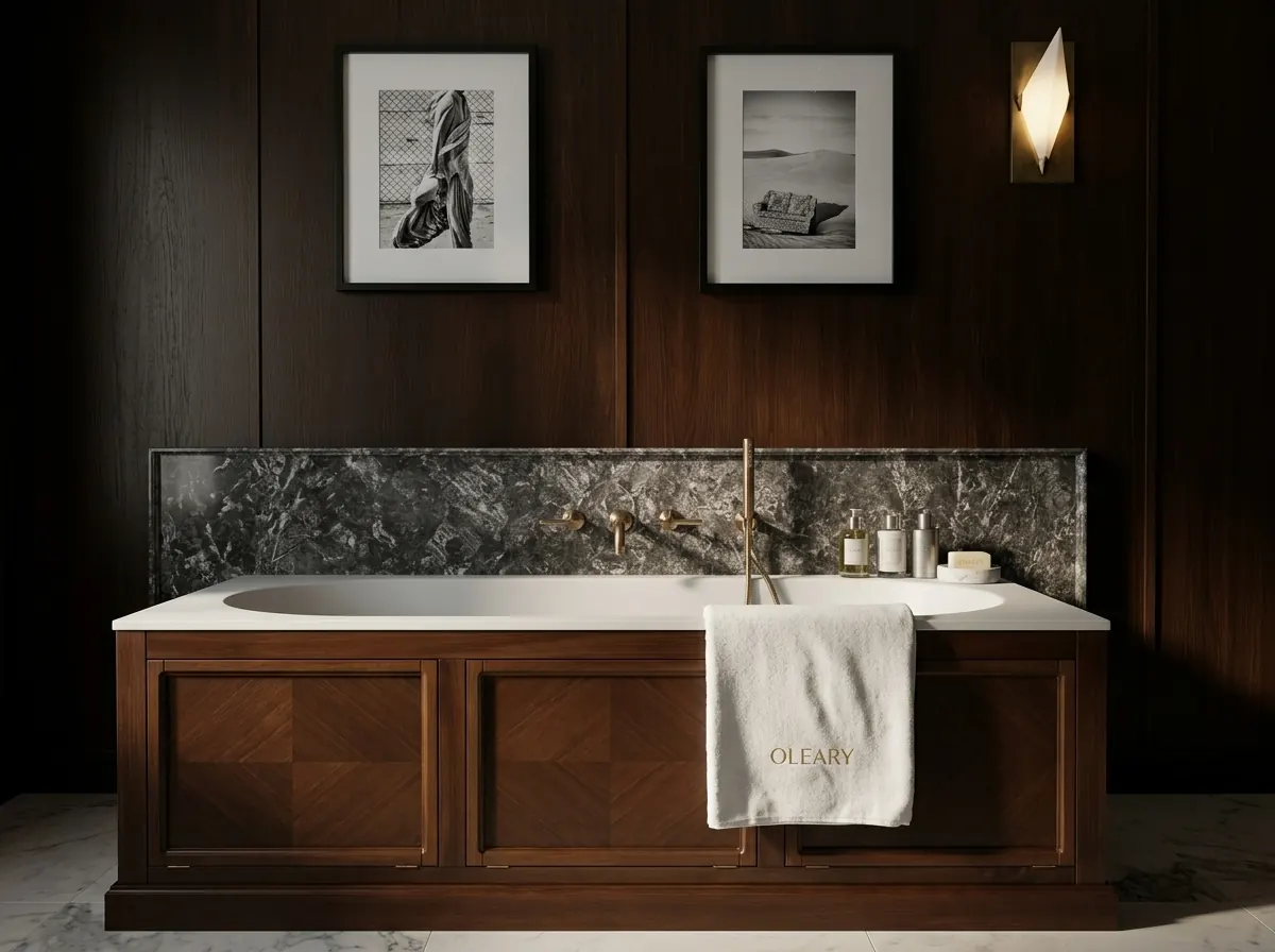 Integrated solid surface bathtub set into a white countertop with dark wood cabinetry and marble backsplash in a luxury bathr