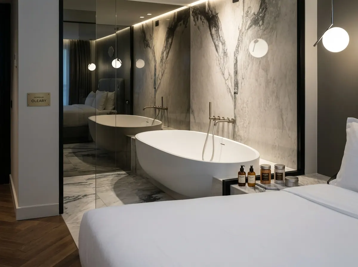 Freestanding solid surface bathtub in a glass-partitioned hotel guestroom bathroom with pendant lighting.