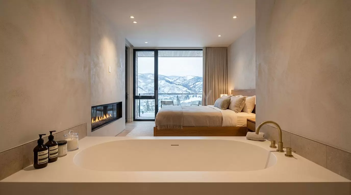 Solid Surface Freestanding Tub Seamless one-piece solid surface freestanding bathtub in matte white serving as the visual focal point in a luxury hotel