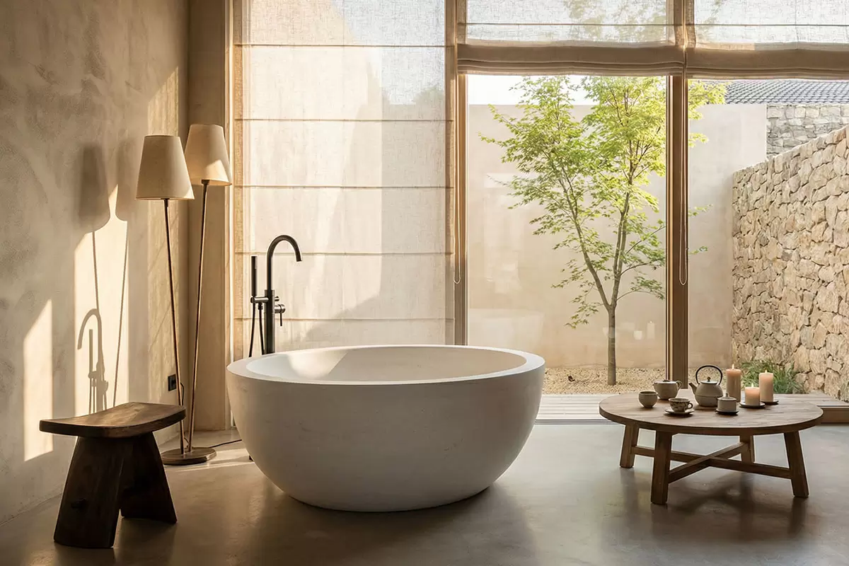 Boutique Resort Round Solid Surface Tub Custom circular solid surface bathtub designed for boutique hotels, featuring a seamless matte white stone resin finish