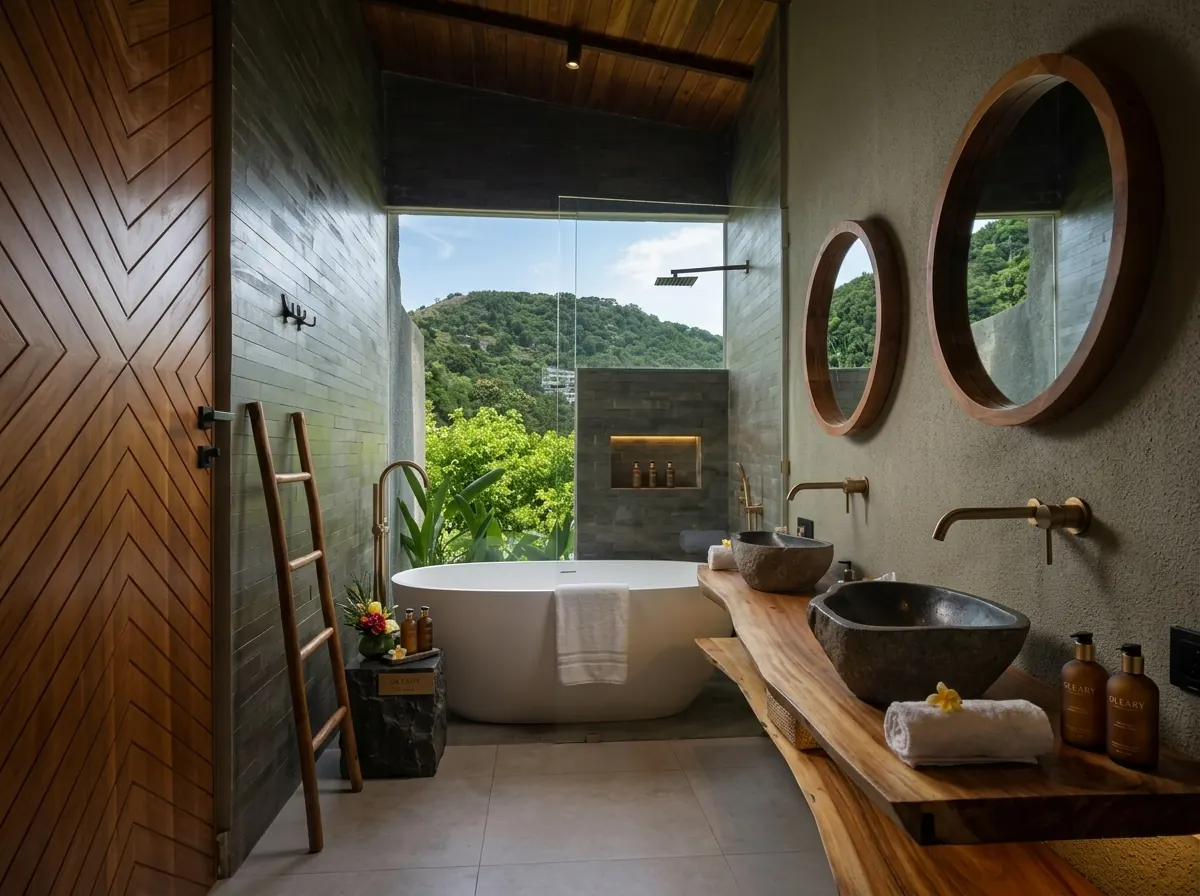 Freestanding oval bathtub beside a glass-walled shower, stone vessel sinks on a live-edge wood vanity, with a tropical hillsi