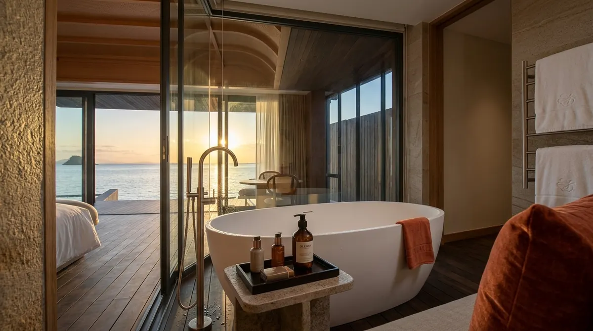 Freestanding white soaking tub beside floor-to-ceiling glass walls with ocean sunset view in a luxury hotel bathroom.