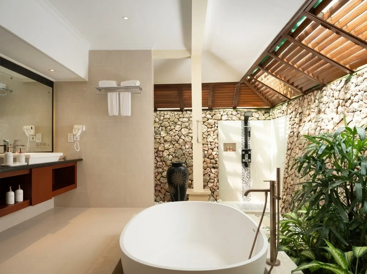 Freestanding white bathtub and vessel basin with dark vanity countertop in an open-air resort bathroom with stone walls.