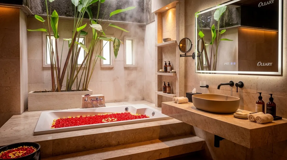 Sunken drop-in tub filled with rose petals on raised stone platform beside a vessel sink vanity with open shelving and tropic