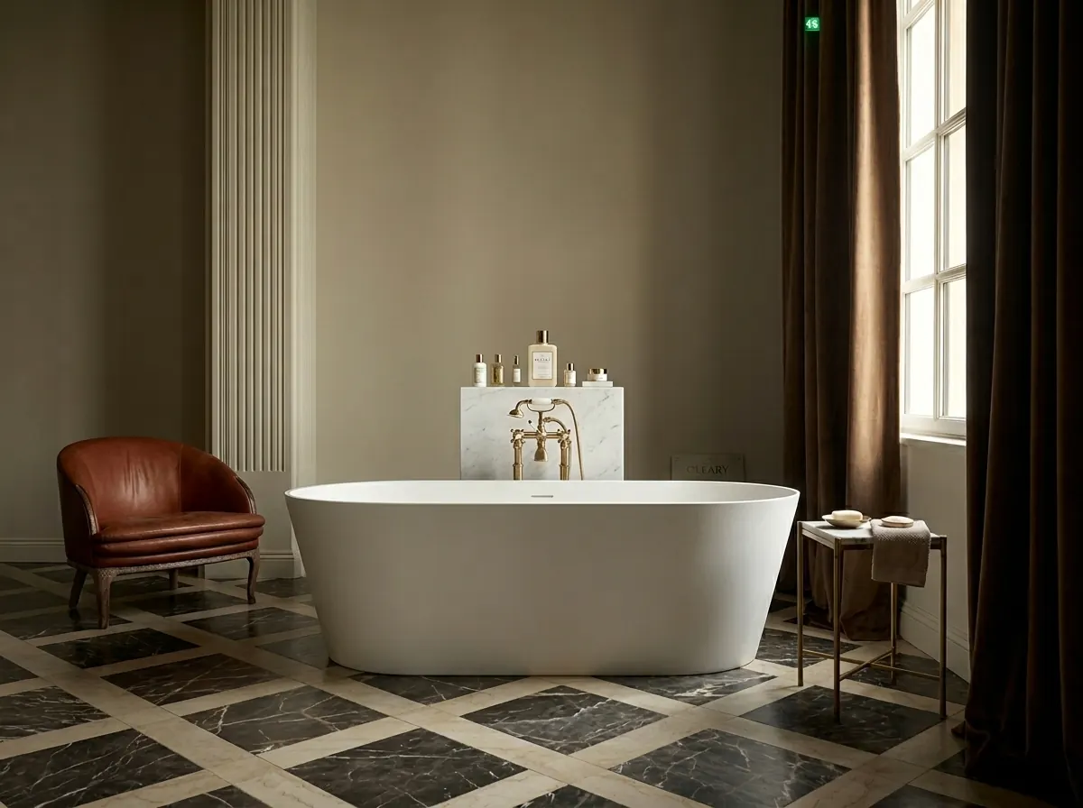 Freestanding solid surface bathtub centered on a marble tile floor with brass floor-mount faucet and neutral walls.