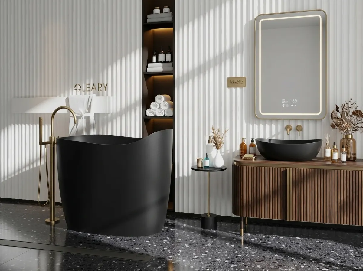 Matte black freestanding solid surface bathtub with brass floor-mount filler in a boutique hotel bathroom with wood vanity an