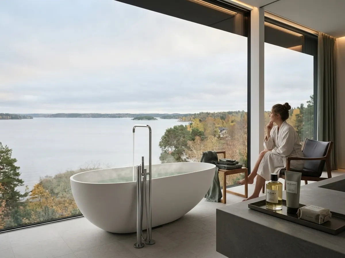 Freestanding oval white bathtub with floor-mount filler in a hotel guestroom bathroom overlooking a waterfront landscape.